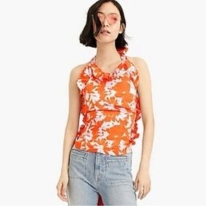 J. Crew Ratti Falling Leaves Ruffled Wrap Halter Top Orange & Blue W Bows XS